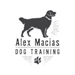 Alex Macias Dog Training logo: a dog silhouette with a paw print